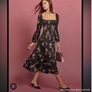 REFORMATION Mica Floral Midi Smocked Puff Sleeves Dress Evita print size M - 6/8